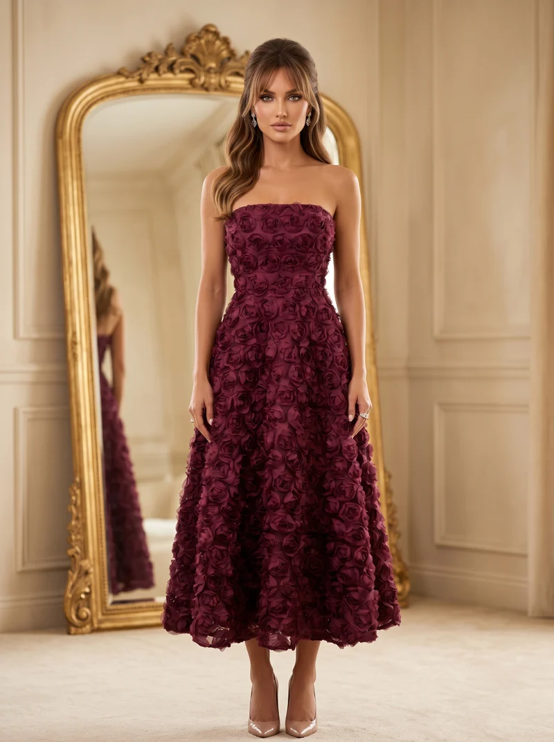 Burgundy 3D Rose Strapless Midi Dress