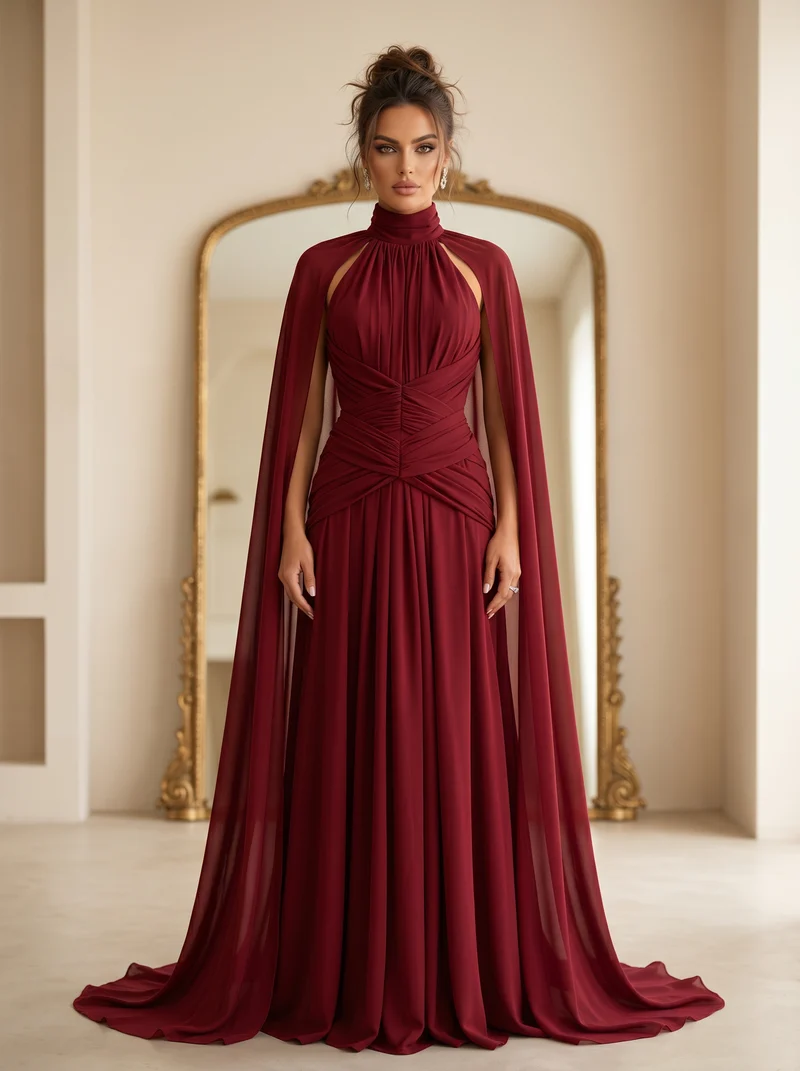 Burgundy Cape Evening Gown