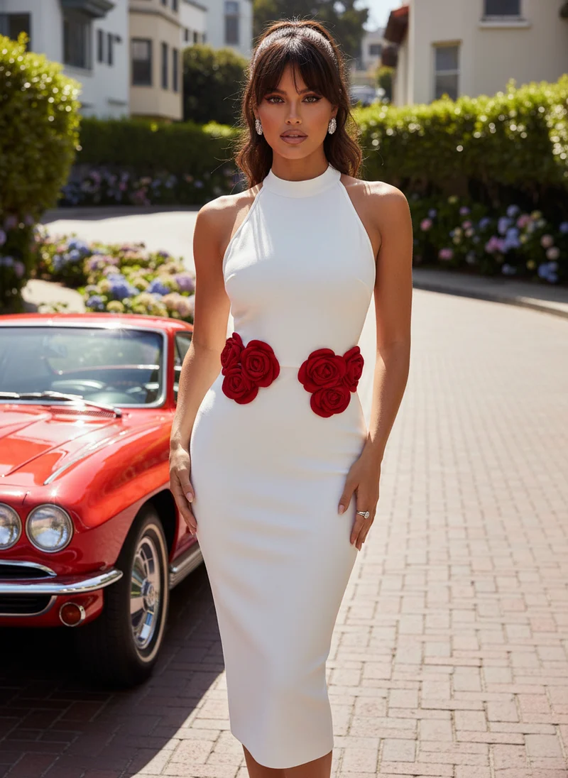 White Rose Detail Halter Midi Dress