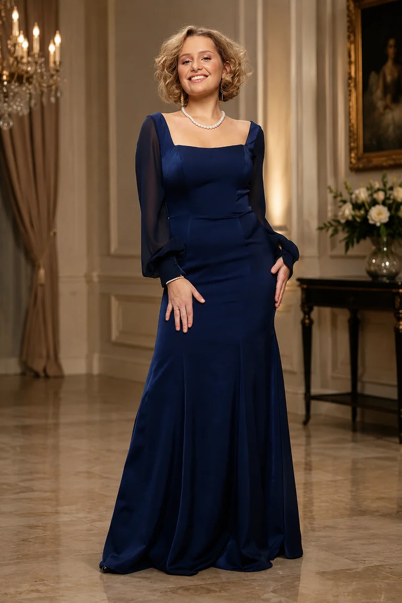 Lång klänning med chiffongärmar H1014 navy