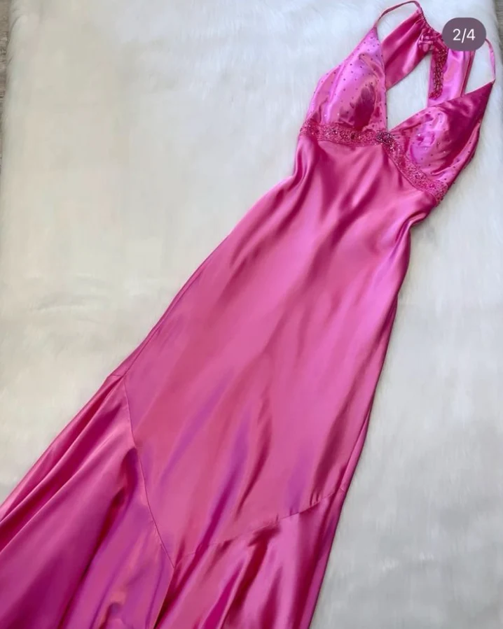 Hot Pink Satin V-ringad Balklänning Vintage Lång Festklänning