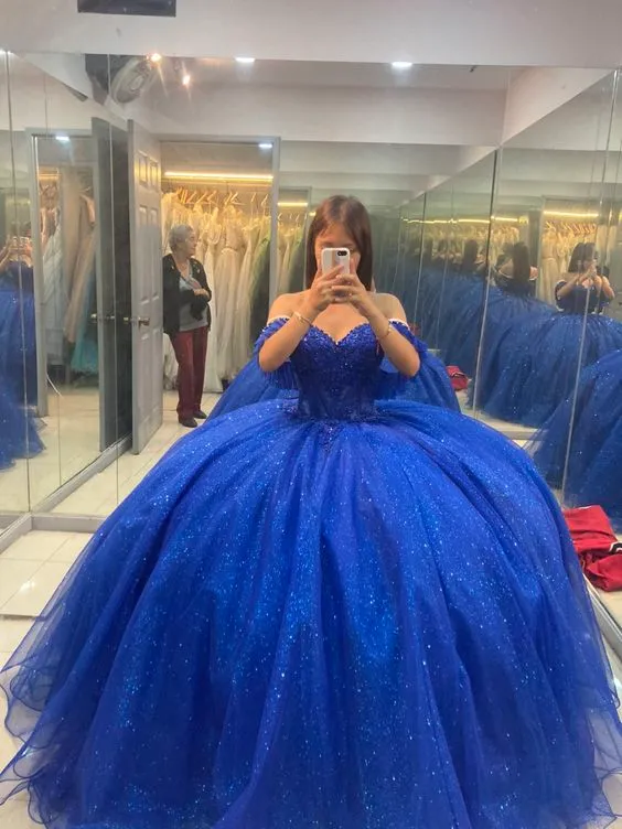 Kungsblå Glittrig Prinsessa Balklänning Quinceañera Tyllklänning med Snörning