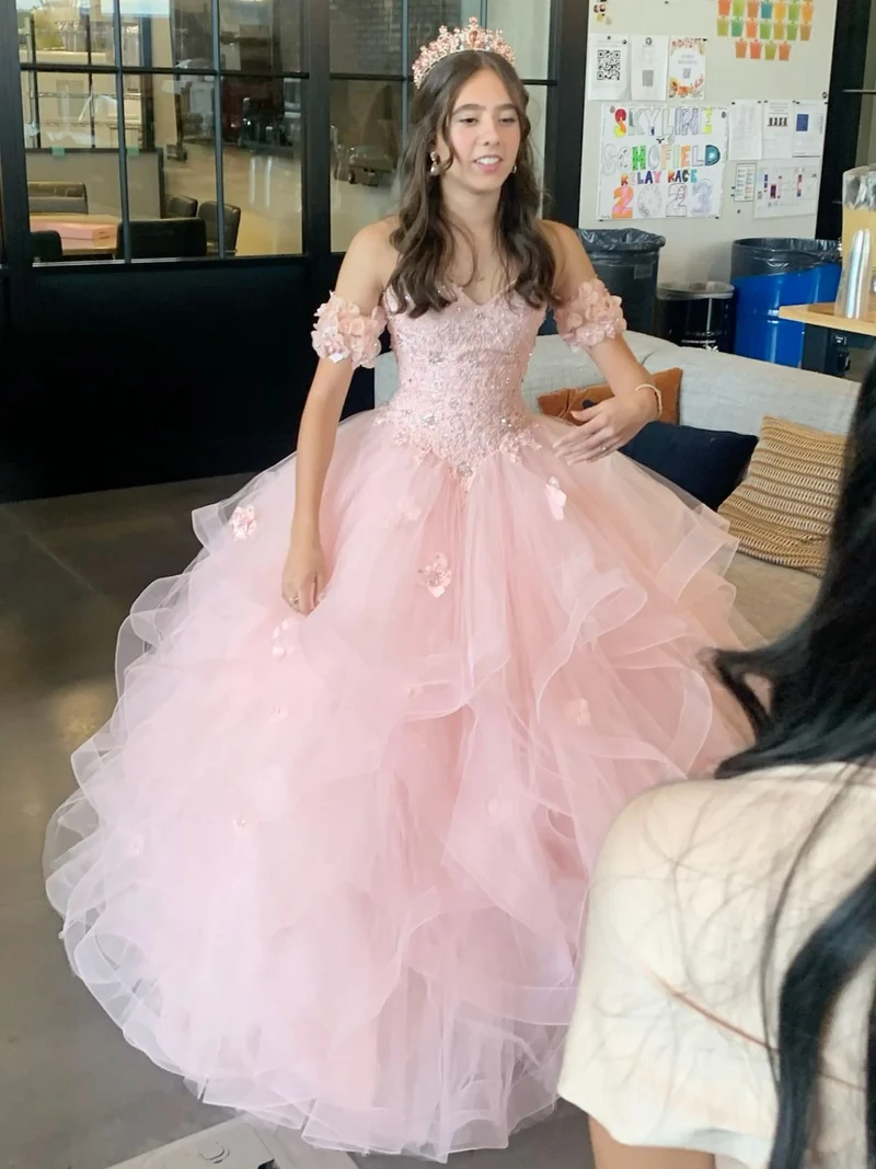 Rosa Hjärtformad Tyllbalklänning Quinceanera Applikation Sweet 16