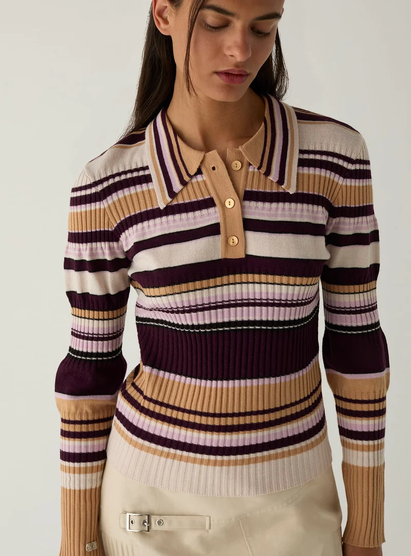 ILYANA CAMEL STRIPED POLO KNIT