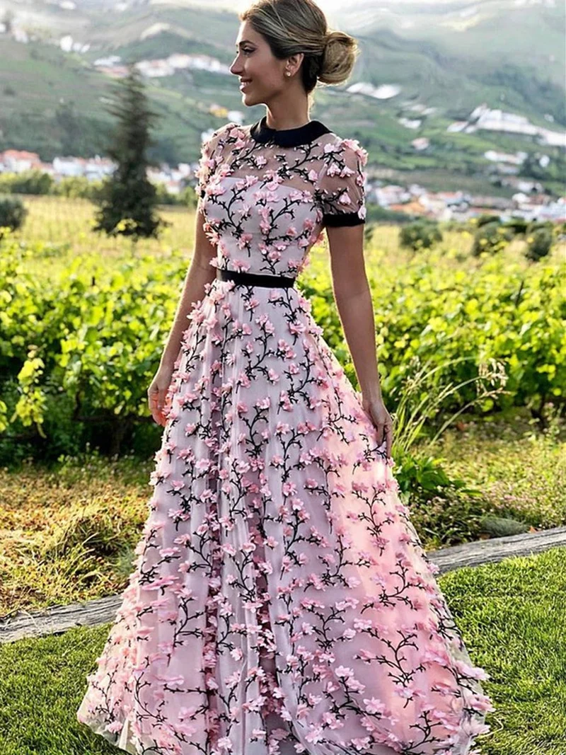 Rosa 3D-blommig A-linjeformad balklänning med korta ärmar