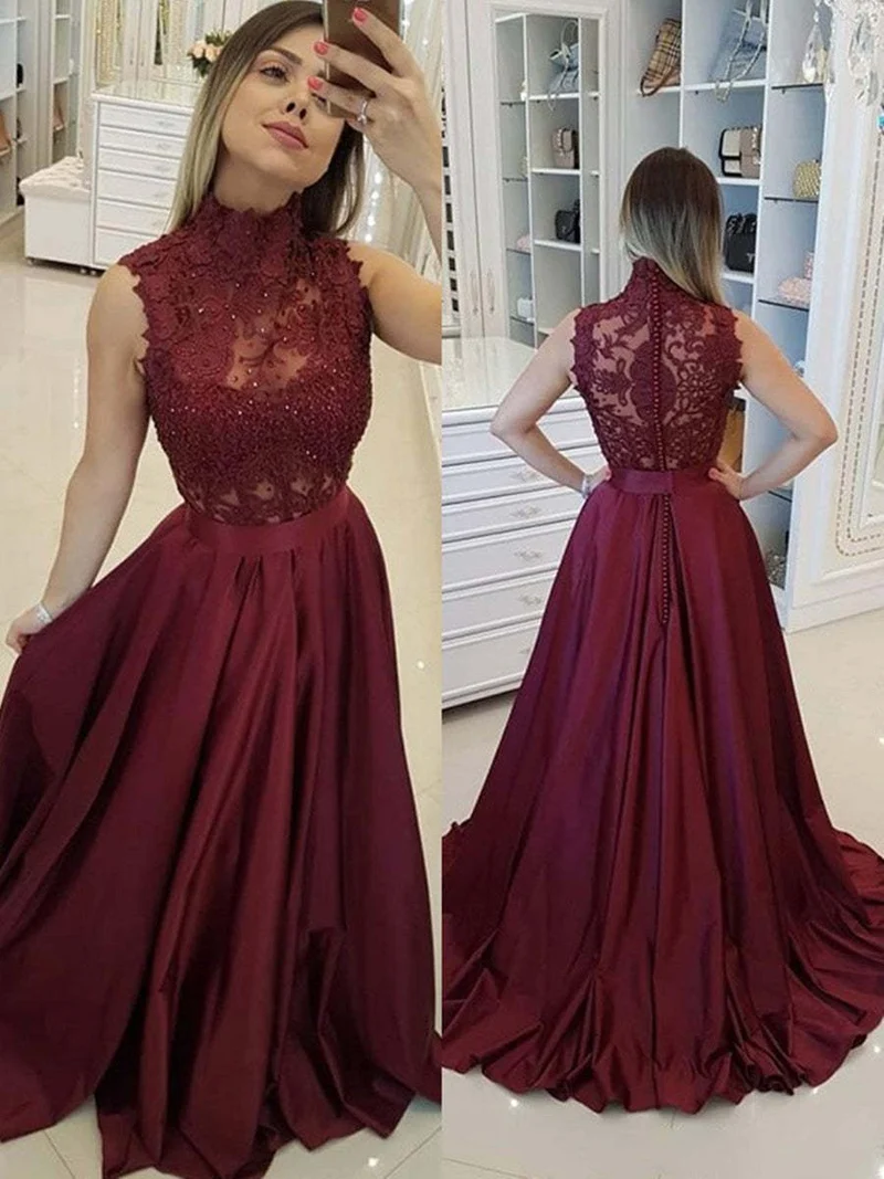 Vinröd A-linjeformad balklänning i satin med hög halsringning och spets, pärlor och släp