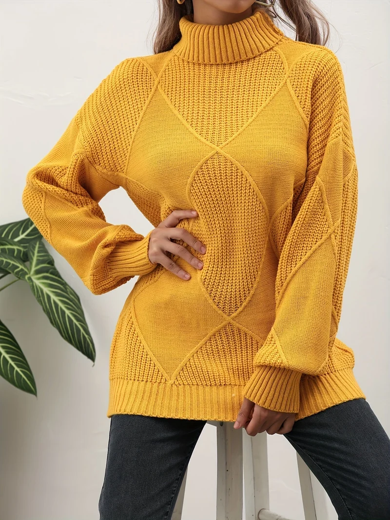 Dam Stickad Turtleneck Tröja med Ribbstickat Mönster