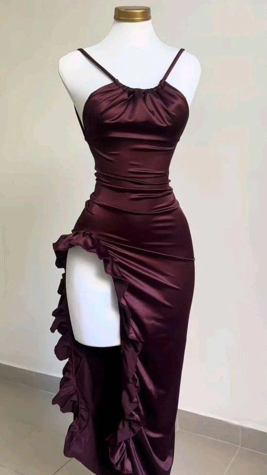 Satin Rygglös Axelbandslös Volang Bodycon Lång Aftonklänning Med BH