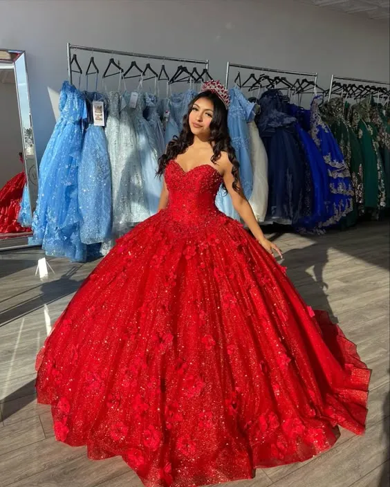 Röd Quinceañera-balklänning med 3D-blommor och paljetter i tyll