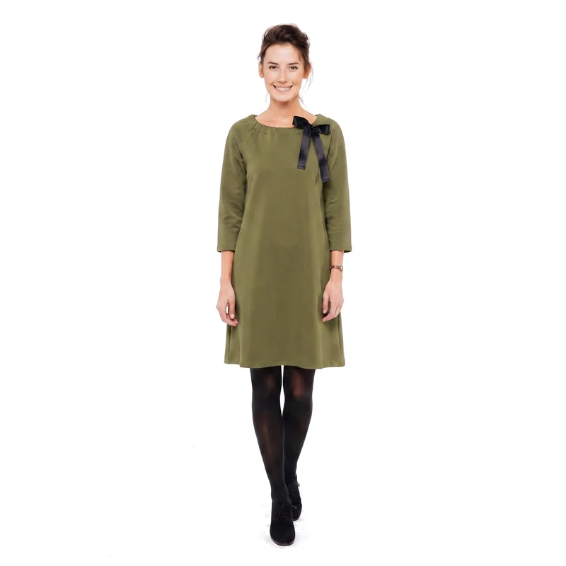 FRENCH – Italian Punto Milano Ribbon Neck A-Line Dress