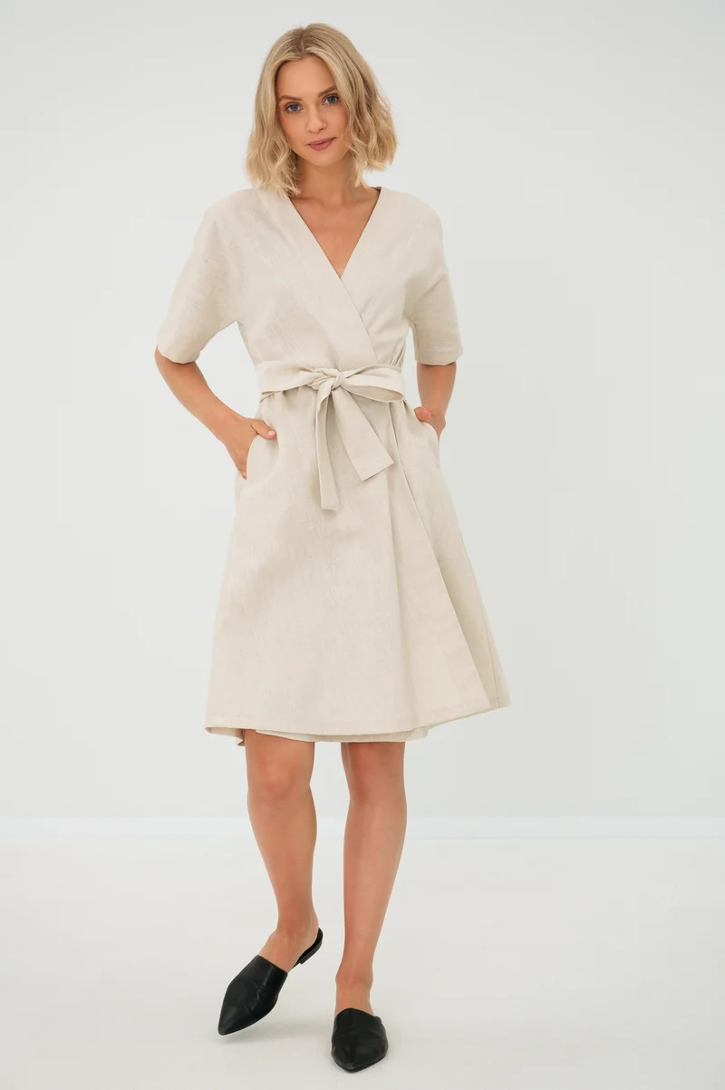 CHLOE – Linen Blend V-Neck Wrap-Style Dress