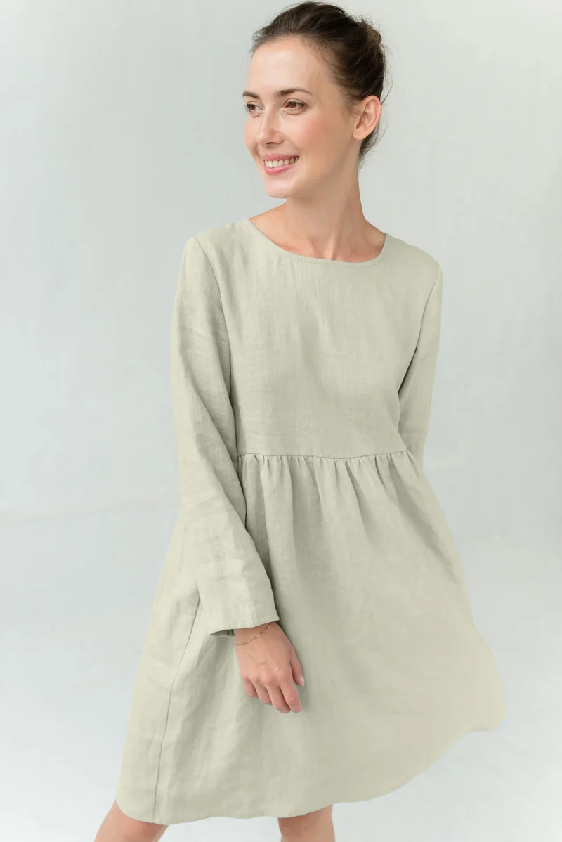 CANDY – Linen Blend Long Sleeve Gathered Dress