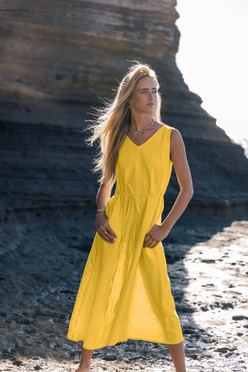 SUNSET – Linen Blend V-Neck Slip Midi Dress