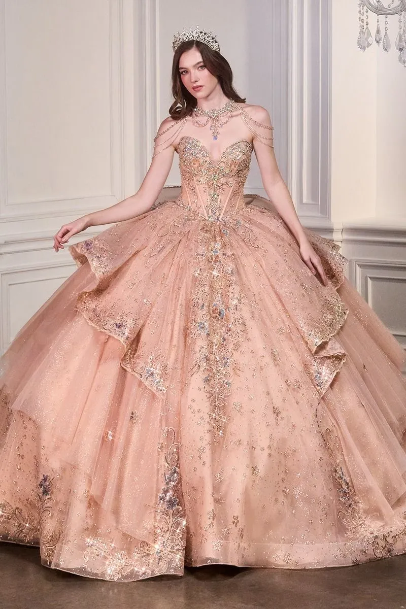 Draperad pärlstavad axel med hjärtformad halsringning och quinceanera-klänning från Ladivine 15727