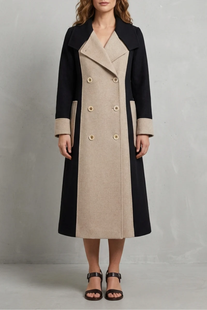 Women's Elegant Hepburn-Style Wool Coat with Contrast Colors – Lorelei