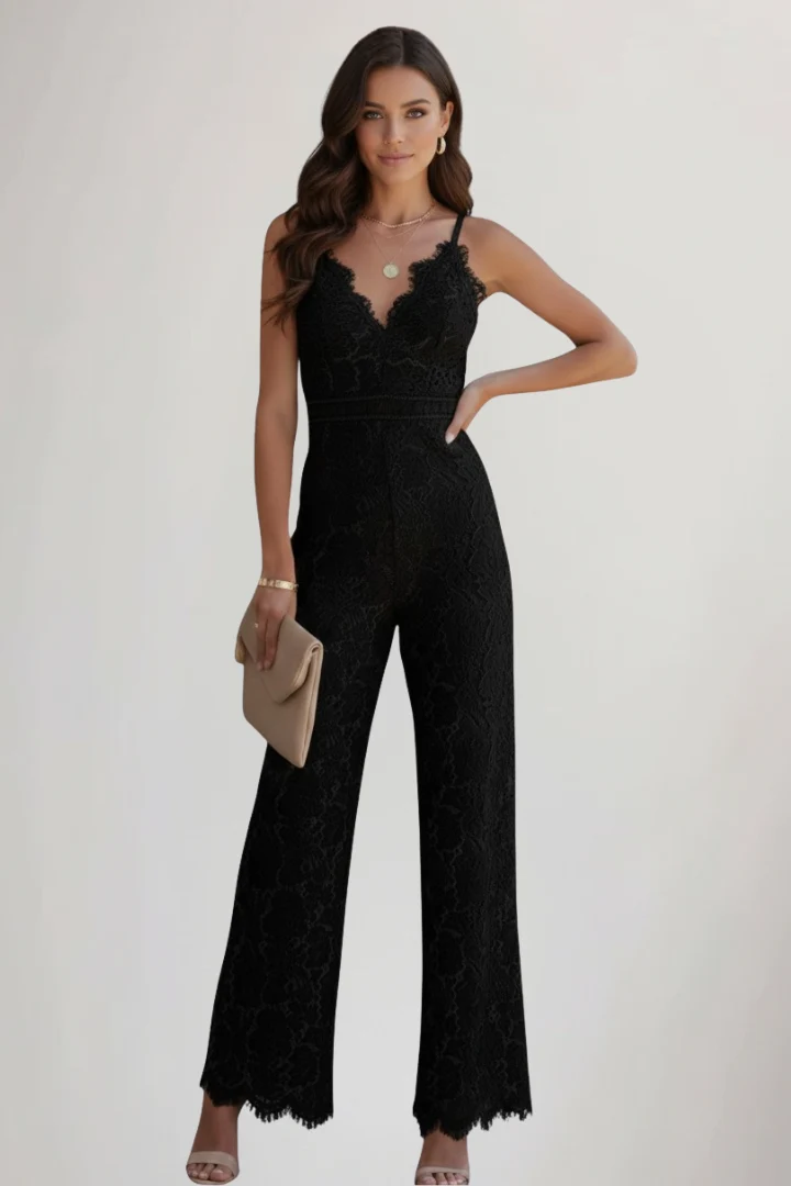 Emily | Ärmlös V-ringad Jumpsuit Med Spets Och Vida Ben För Dam