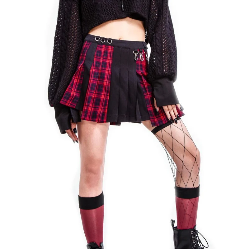 Dam Grunge Oregelbunden Pläd Splits Plisserad kjol Röd