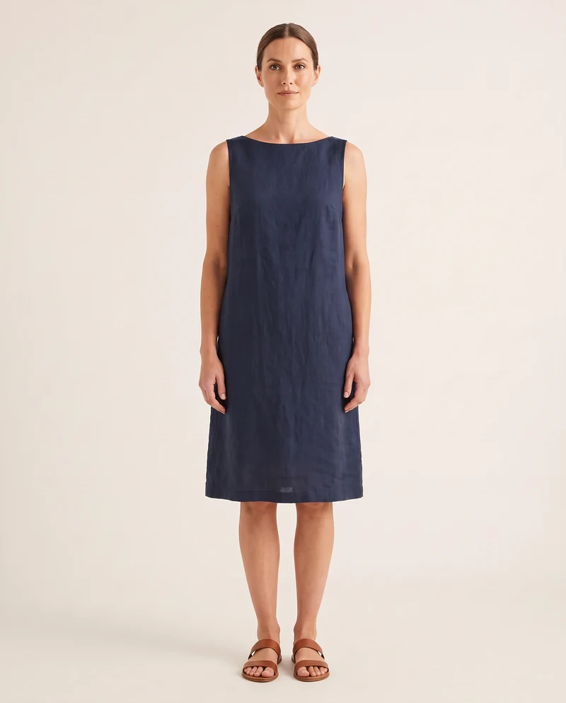 MARINA – Sleeveless Linen Boat Neck Shift Dress | New Collection