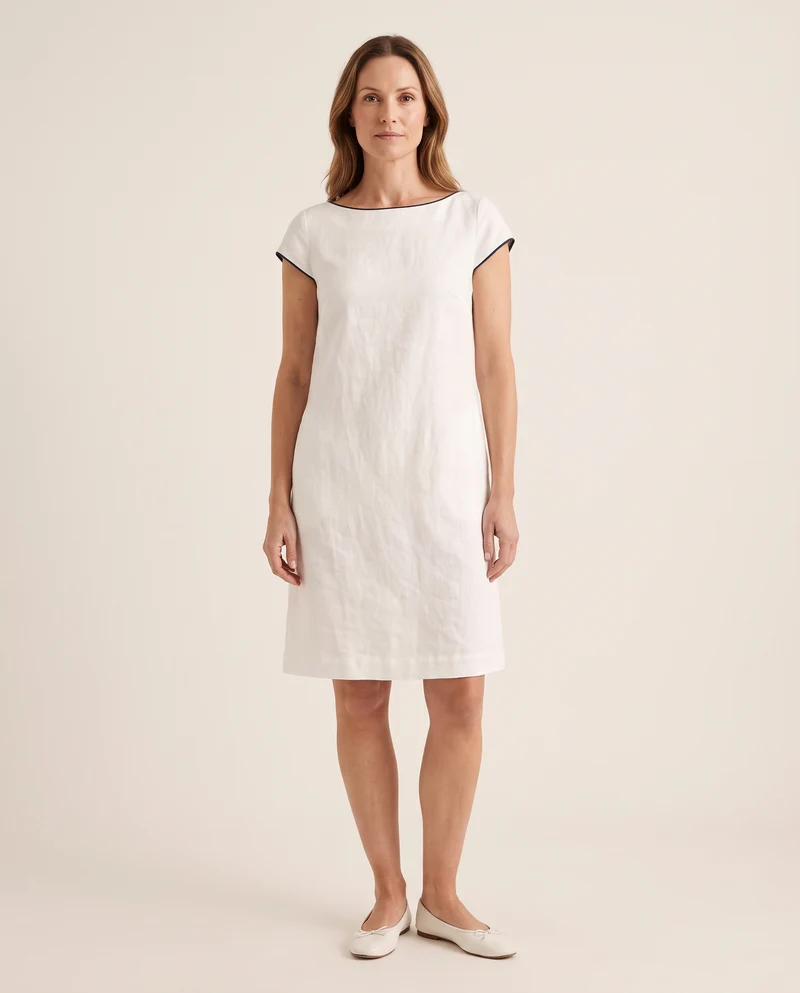 RIVIERA – Linen Boat Neck Shift Dress with Navy Piping | New Collection