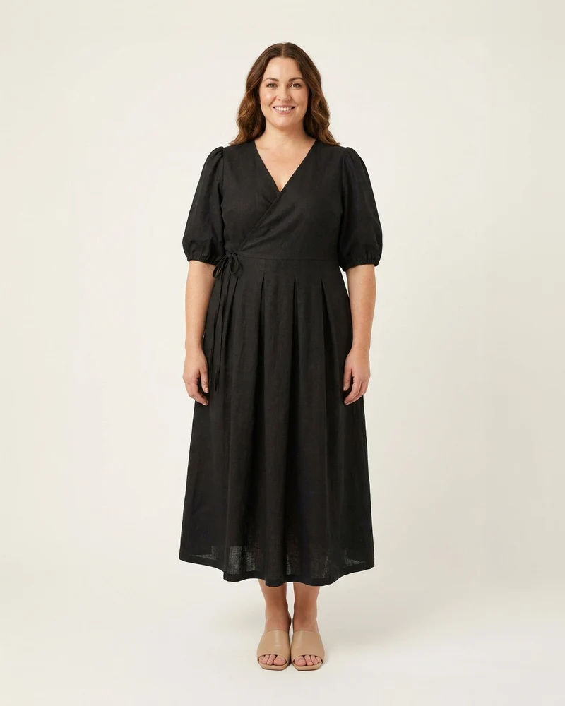 BONNIE SUPERSTAR – Linen Blend Puff Sleeve Tie-Waist Dress — Plus Size