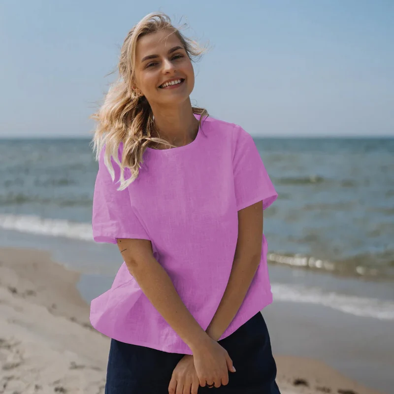HARPER – Linen Blend Tie-Back Short Sleeve Top — Rose