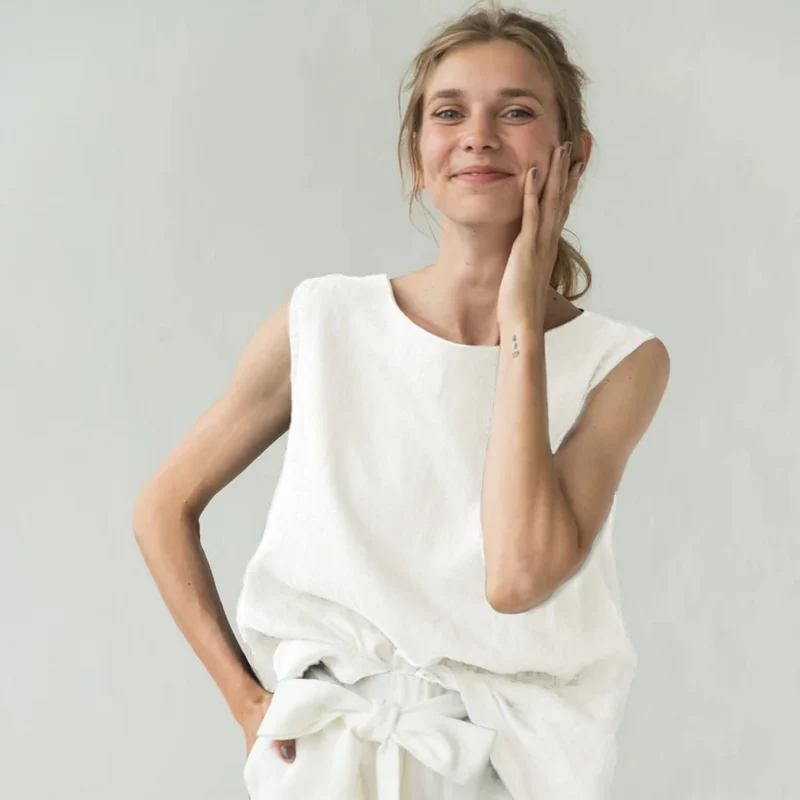 MIX & MATCH – Linen Blend Round Neck Tank Top — White
