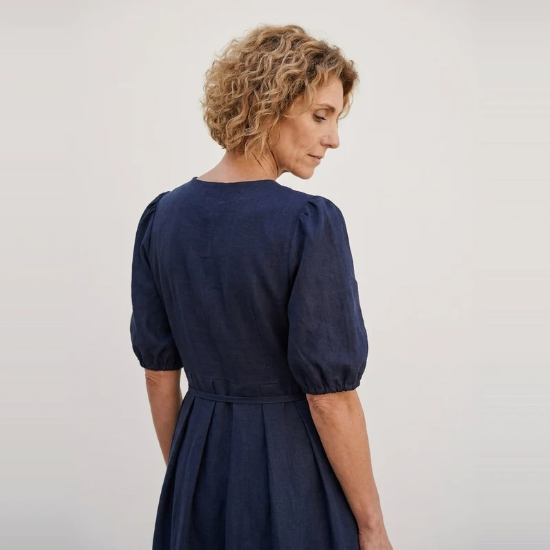 BONNIE – Linen Blend Puff Sleeve Tie-Waist Midi Dress