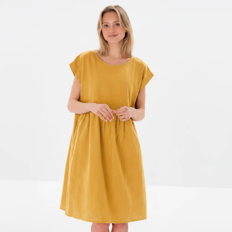 LUNA – Linen Blend Gathered Waist Pocket Dress