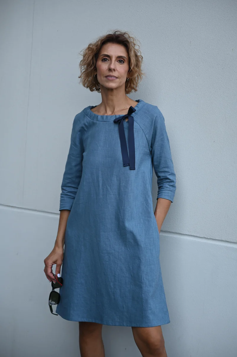 FRENCH – Linen Blend Ribbon Neck A-Line Dress