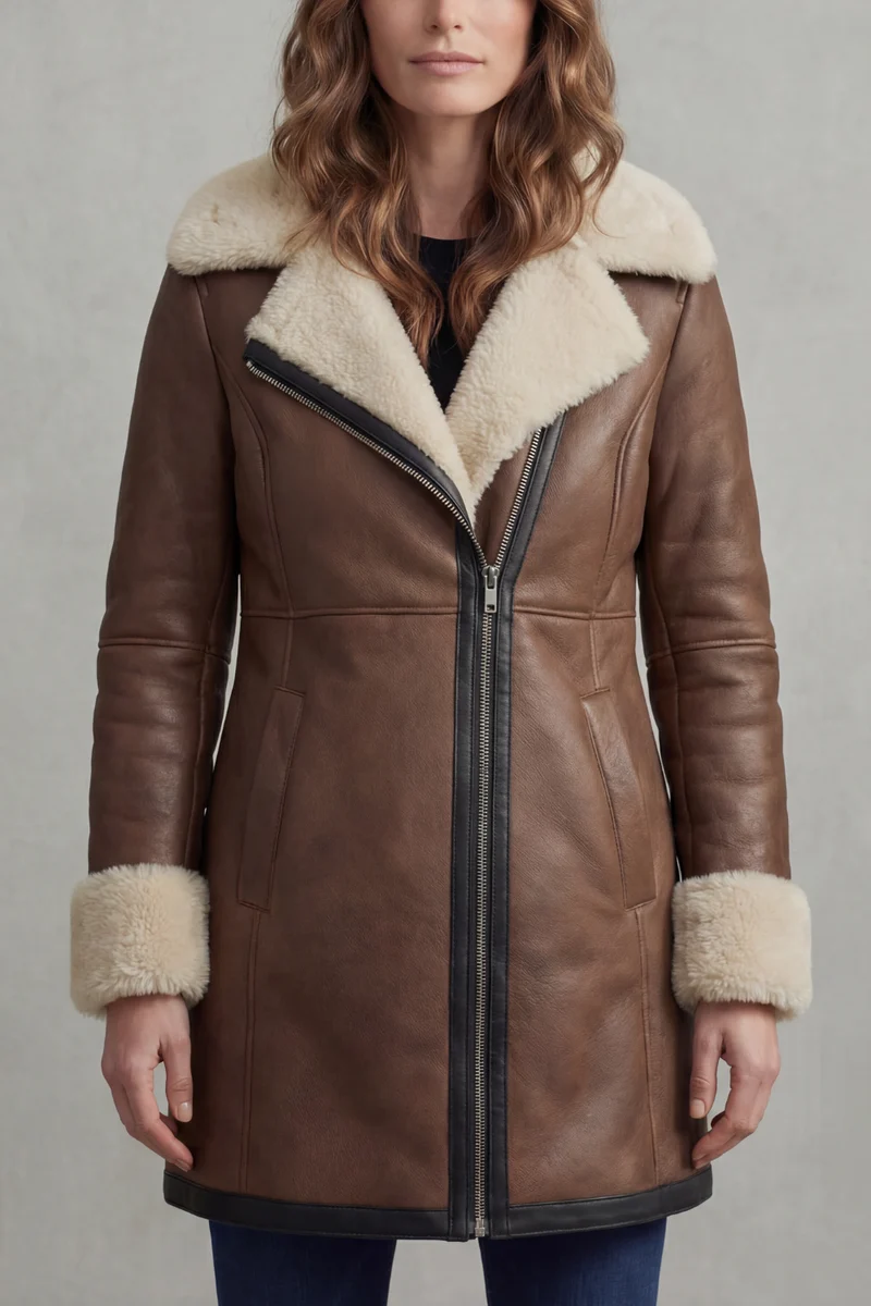 Women's Leather Winter Coat with Shearling Collar – Georgiana