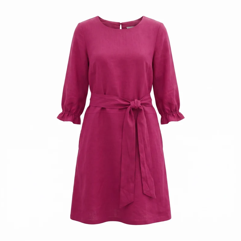 EMMA – Linen Blend Three-Quarter Sleeve Belted Dress