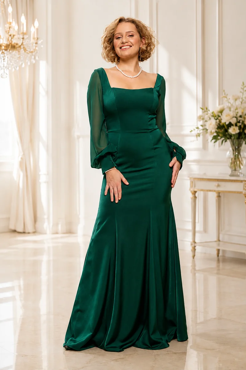 Lång klänning med chiffongärmar H1014 emerald