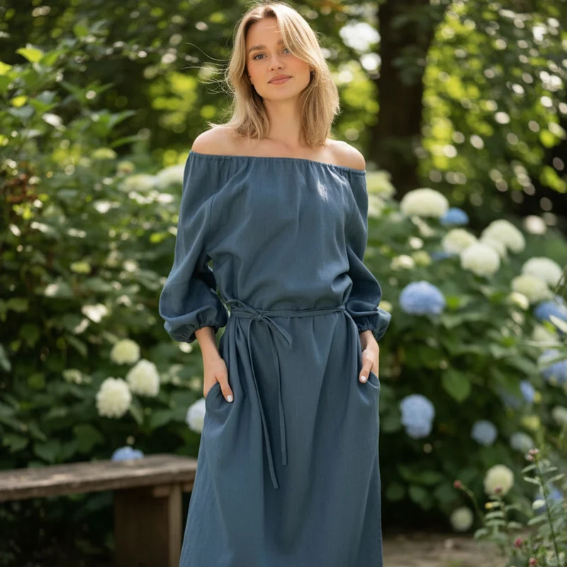 MOON – Linen Blend Off-Shoulder Belted Midi Dress