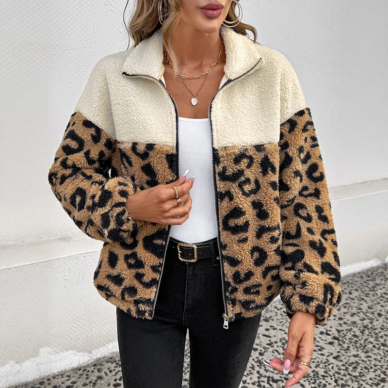 Dam Teddyjacka med Leopardmönster och Dragkedja Fram