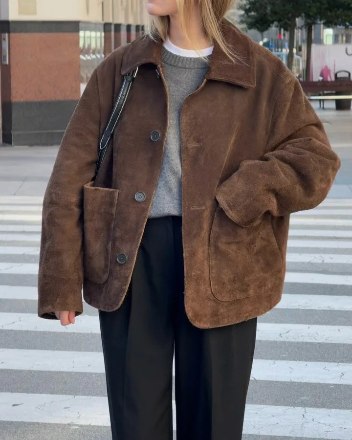 Dam Oversized Jacka med Knappar och Stora Fickor