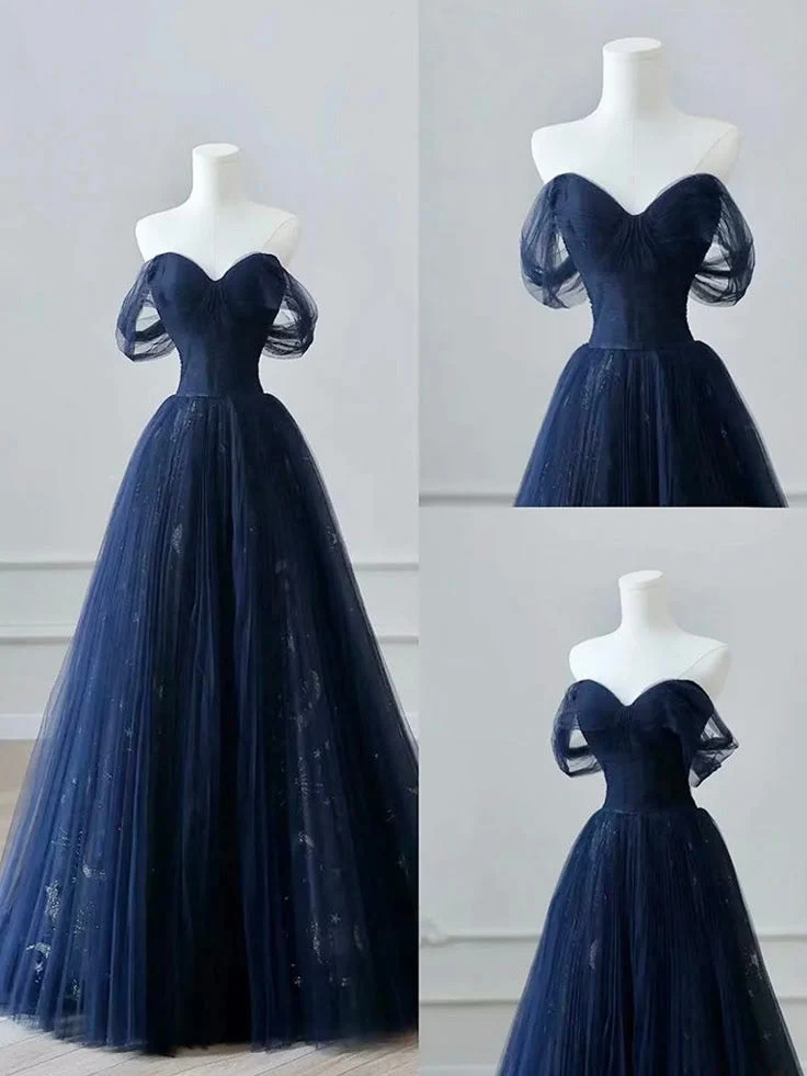 A-linjeformad Off-Shoulder Tyll Spets Mörkblå Lång Balklänning