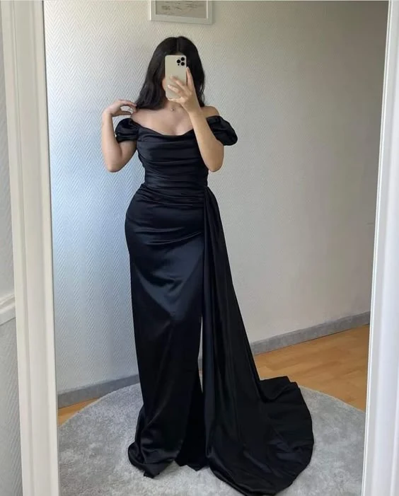 Satin Volang Off-Shoulder Slida Golvlång Balklänning