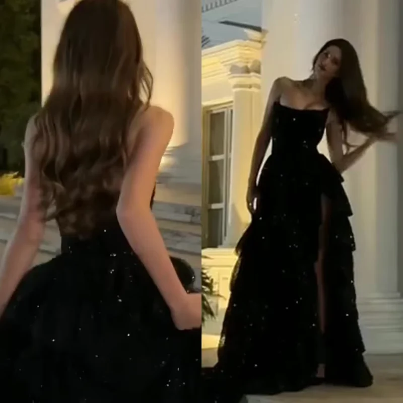 Flerskiktad glansig tyllbalklänning för kvinnor, elegant svart