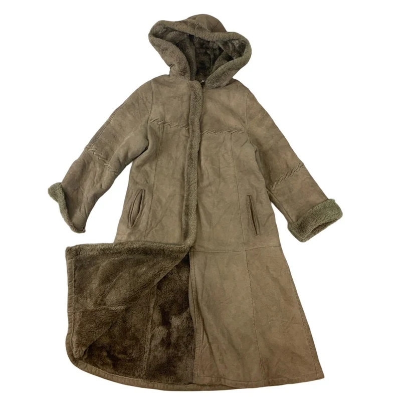 Vintage 70s C&A Womens Woven Details Hooded Shearling Jacket Sheepskin Coat S 8-10