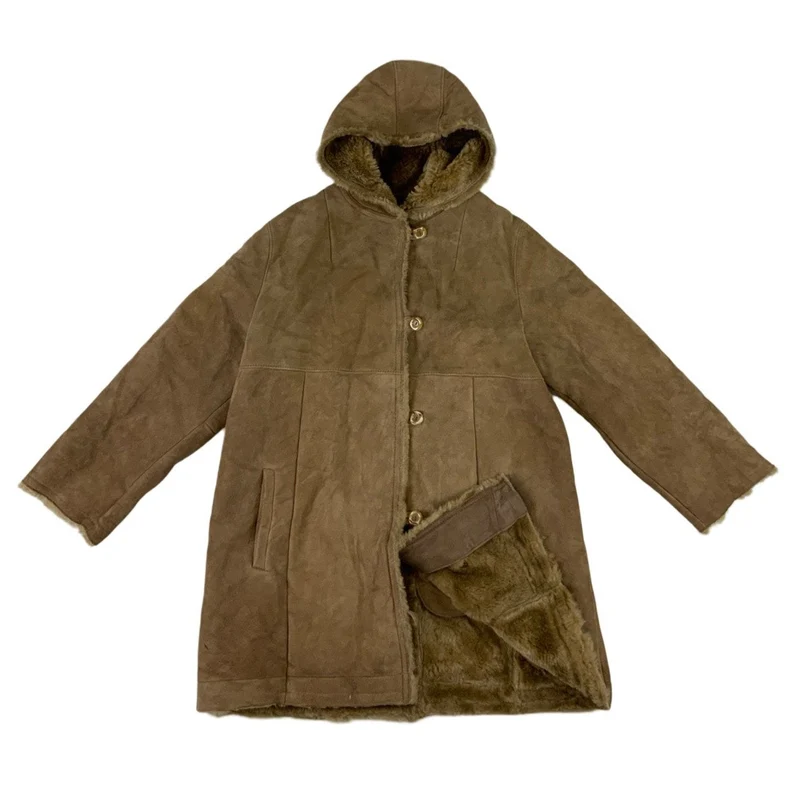 VTG Hooded Brown Shearling Ladies Coat Jacket 12 14