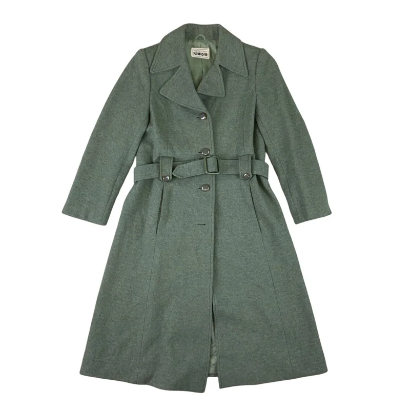 Vintage 80s Sage Green Belted Swing Wool Coat 8 10