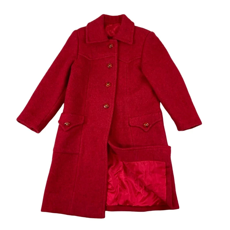 Vintage 70s Red Wool Long Coat Western Yokes Button Down S 8 10