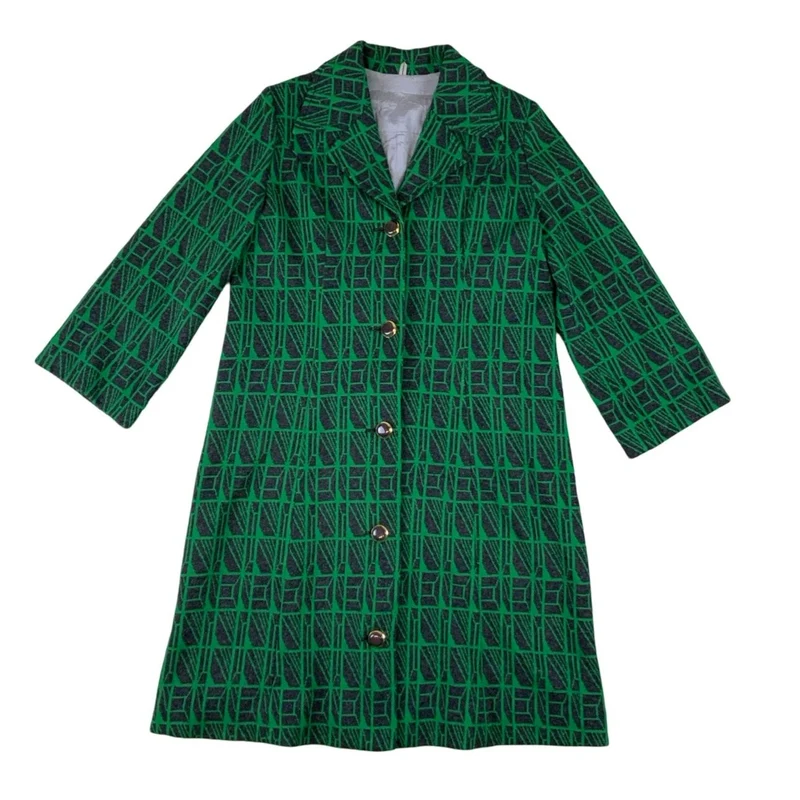 Vintage 80s Green & Grey Geometric Pattern Button Down Coat 12