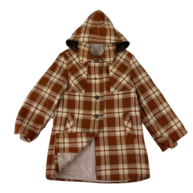 Vintage Womens Brown & Cream Plaid Hooded Wool Jacket 10 12