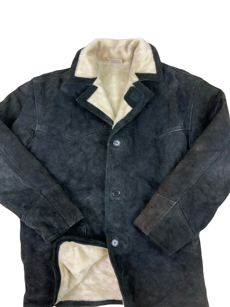 Vintage Black Shearling Leather Sherpa Lined Western Jacket Coat L