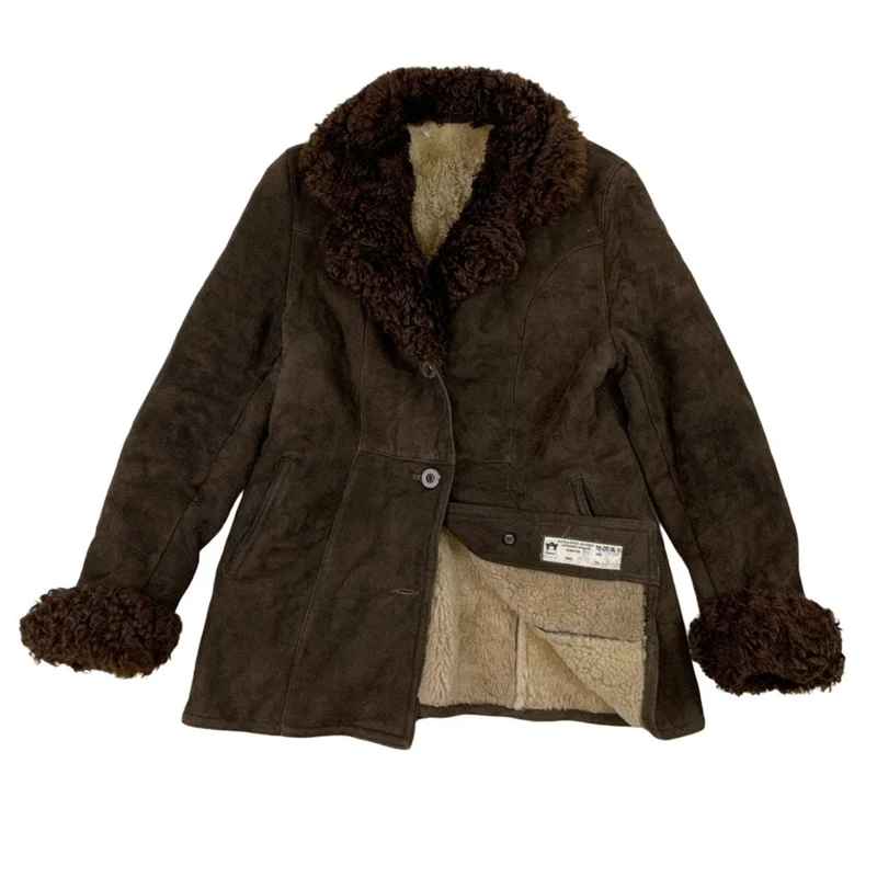 Vintage 1970s Brown Long Shearling Penny Lane Coat Sheepskin Suede Jacket M 12