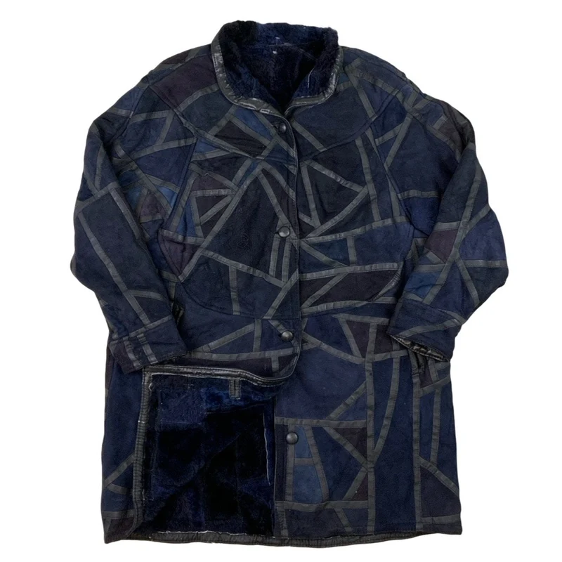 Vintage Dark Blue Geometric Patch Work Shearling Jacket XL UK 18