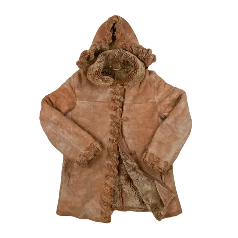 Vtg Shearling Hooded Tan Pink Jacket Sheepskin Suede Coat S M 10-12