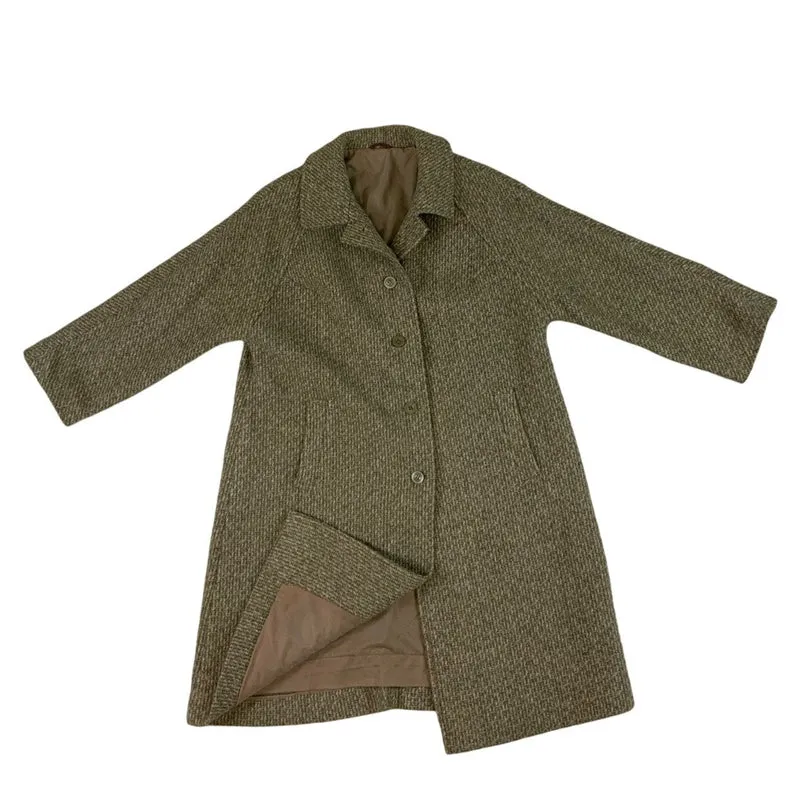 Vintage Ladies Green Wool Tweed Long Coat XL 18