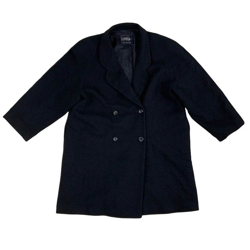 Vintage Womens Black Double Breasted Blazer Wool Jacket Coat UK 16 18